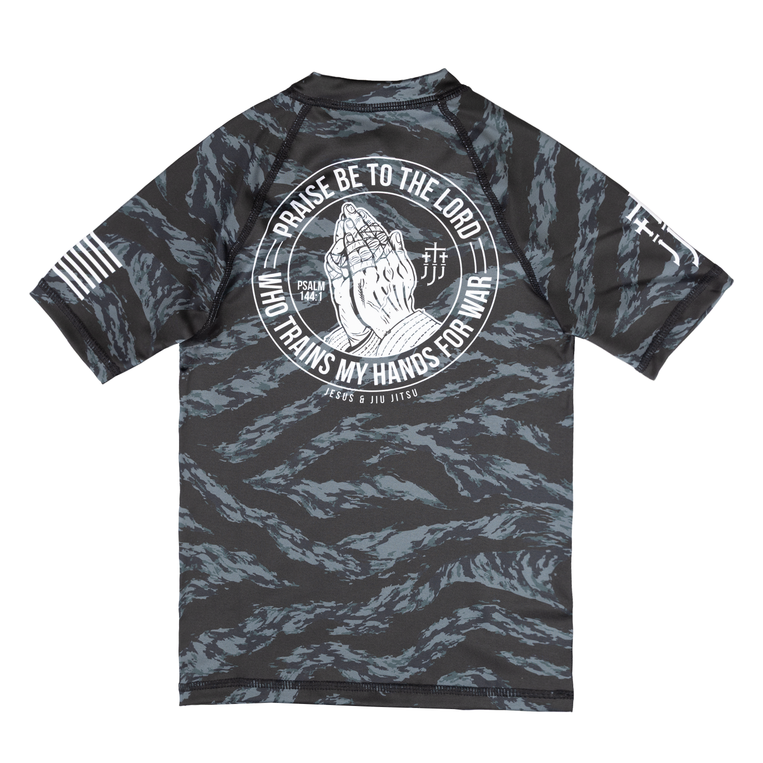 Youth Rashguard with a graphic design on the back featuring praying hands and text, on a white background.