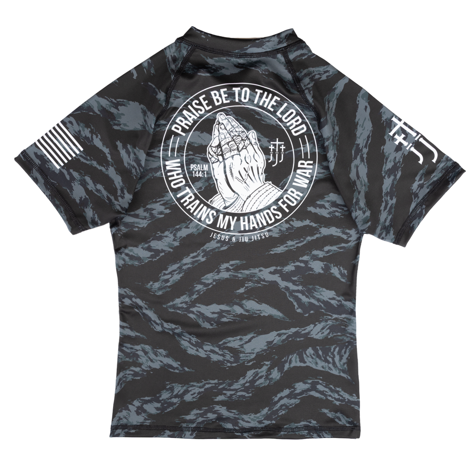 Rear view of ladies rashguard showing Praying hands graphic