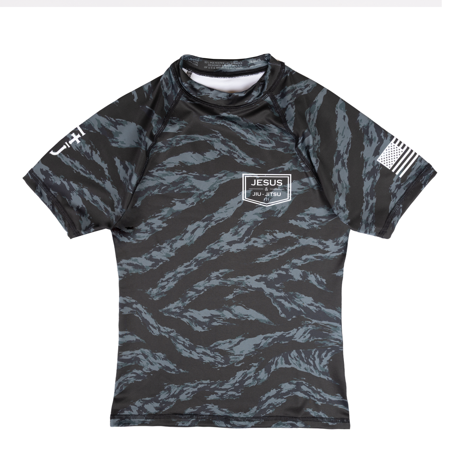 Camo Youth rashguard with JJJ logo on left chest