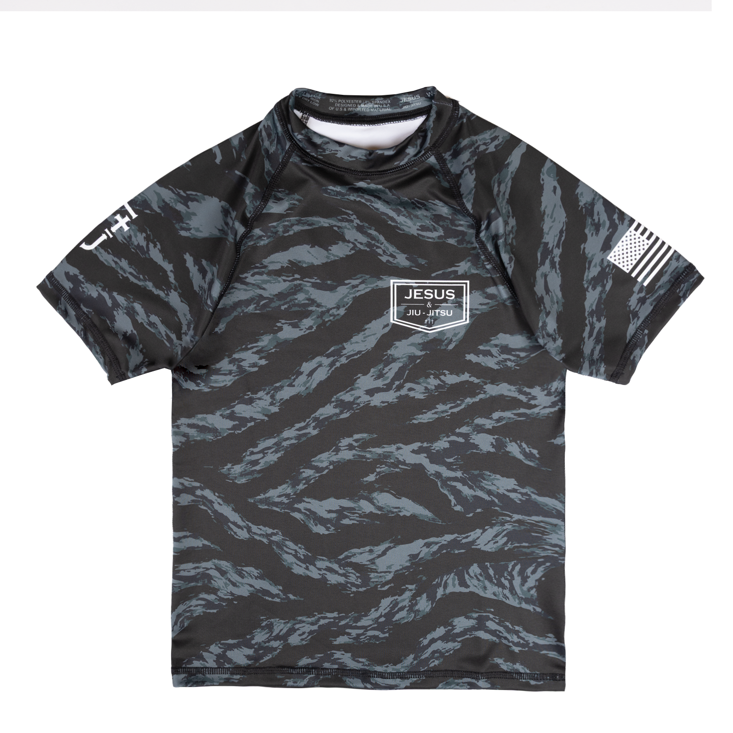 Black camo ladies rashguard with JJJ logo on left chest